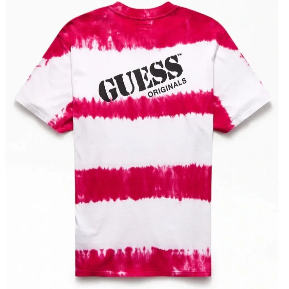 GUESS Stripe Pink & White Tie-Dyed Logo T-Shirt - Picture 1 of 11